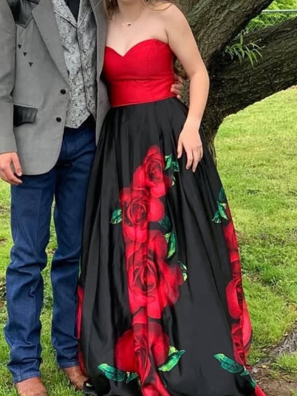 Strapless Red & Black Floral Ball Gown Dress